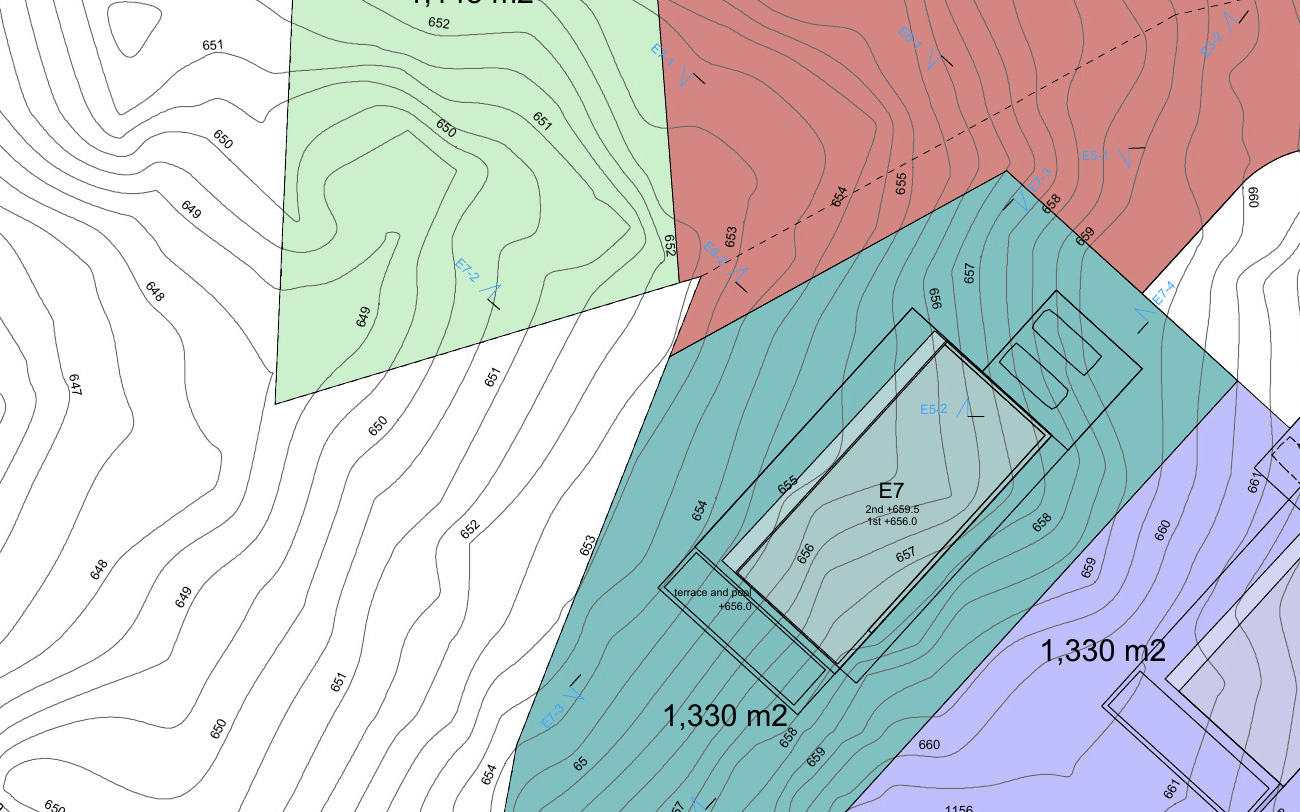The hillside contours and the proposed house positions, from Site Plan D.
